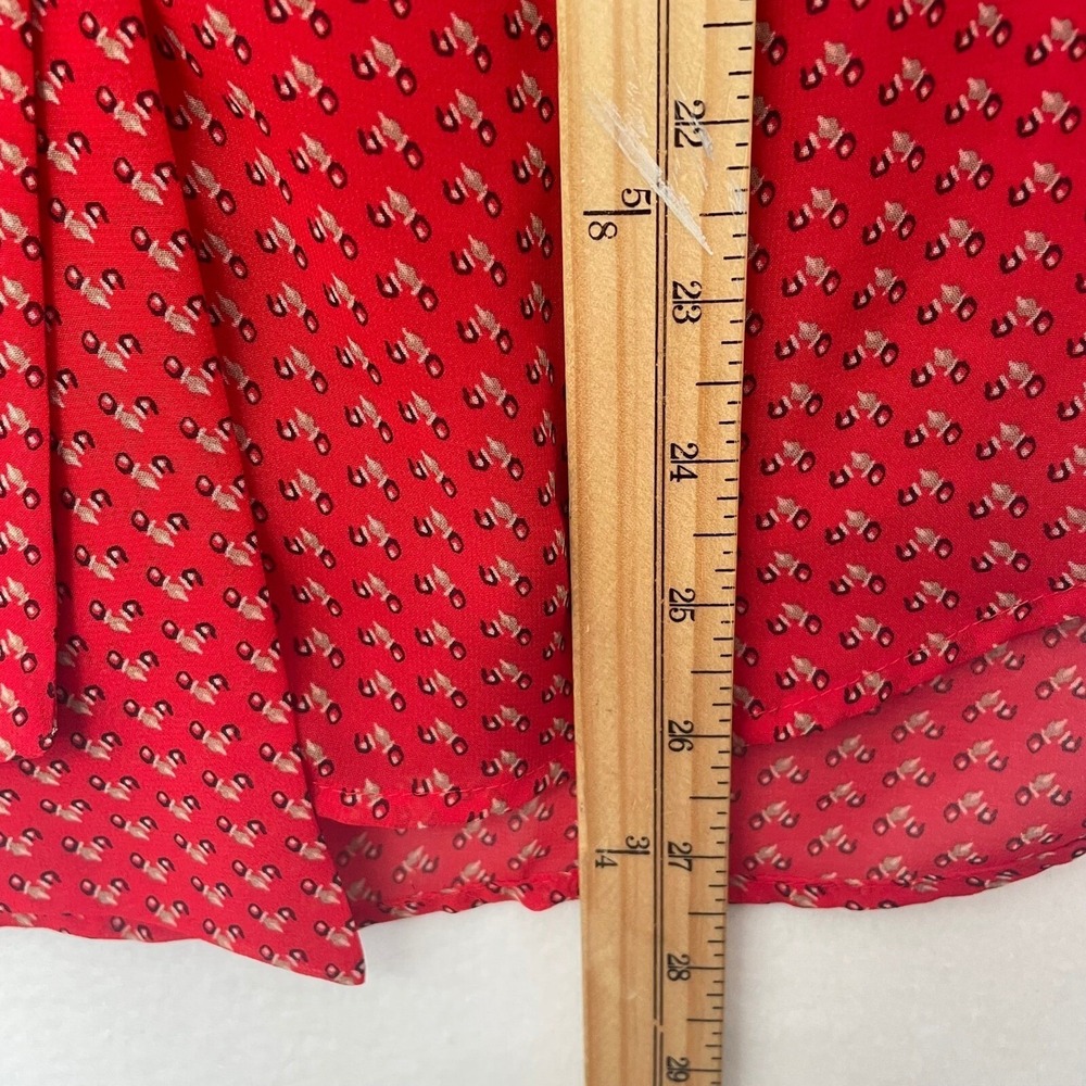DR2 Top Size M Women Blouse Tie Neck Long Sleeve Sheer Red Print Career V Neck - Picture 10 of 12